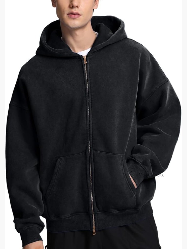 Unisex Double Zip Up Hoodie Oversized Acid Wash Heavyweight Fleece Cotton